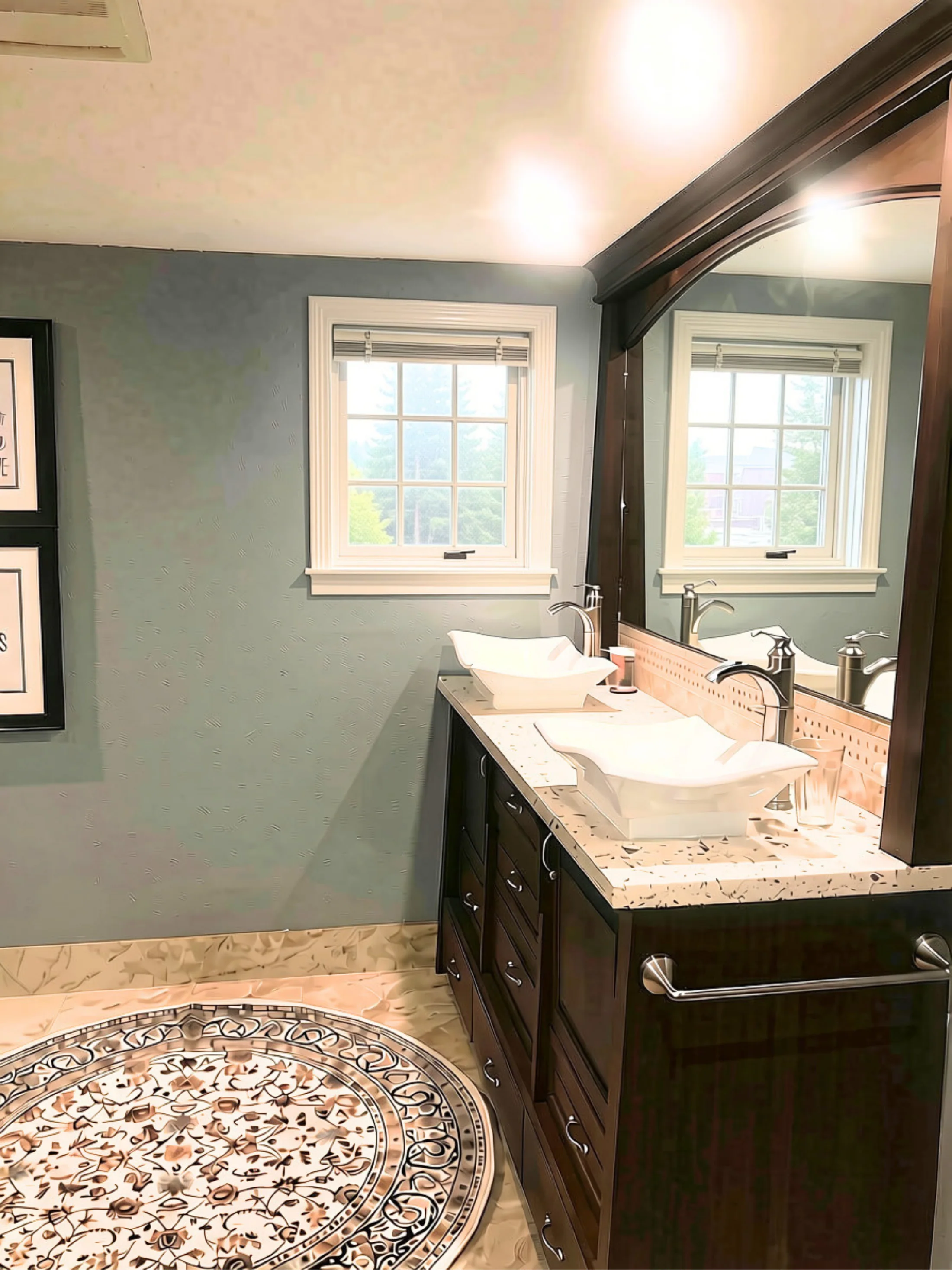Dark custom bathroom vanity with extensive drawer storage, tall framed mirror, and patterned tile