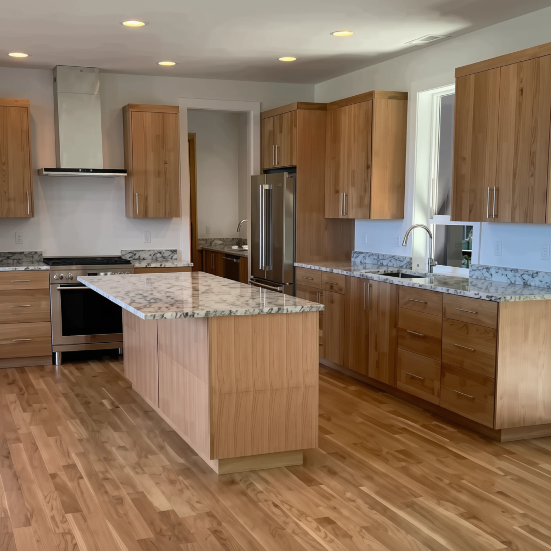 Completed natural oak custom kitchen with full-height cabinetry and a central island