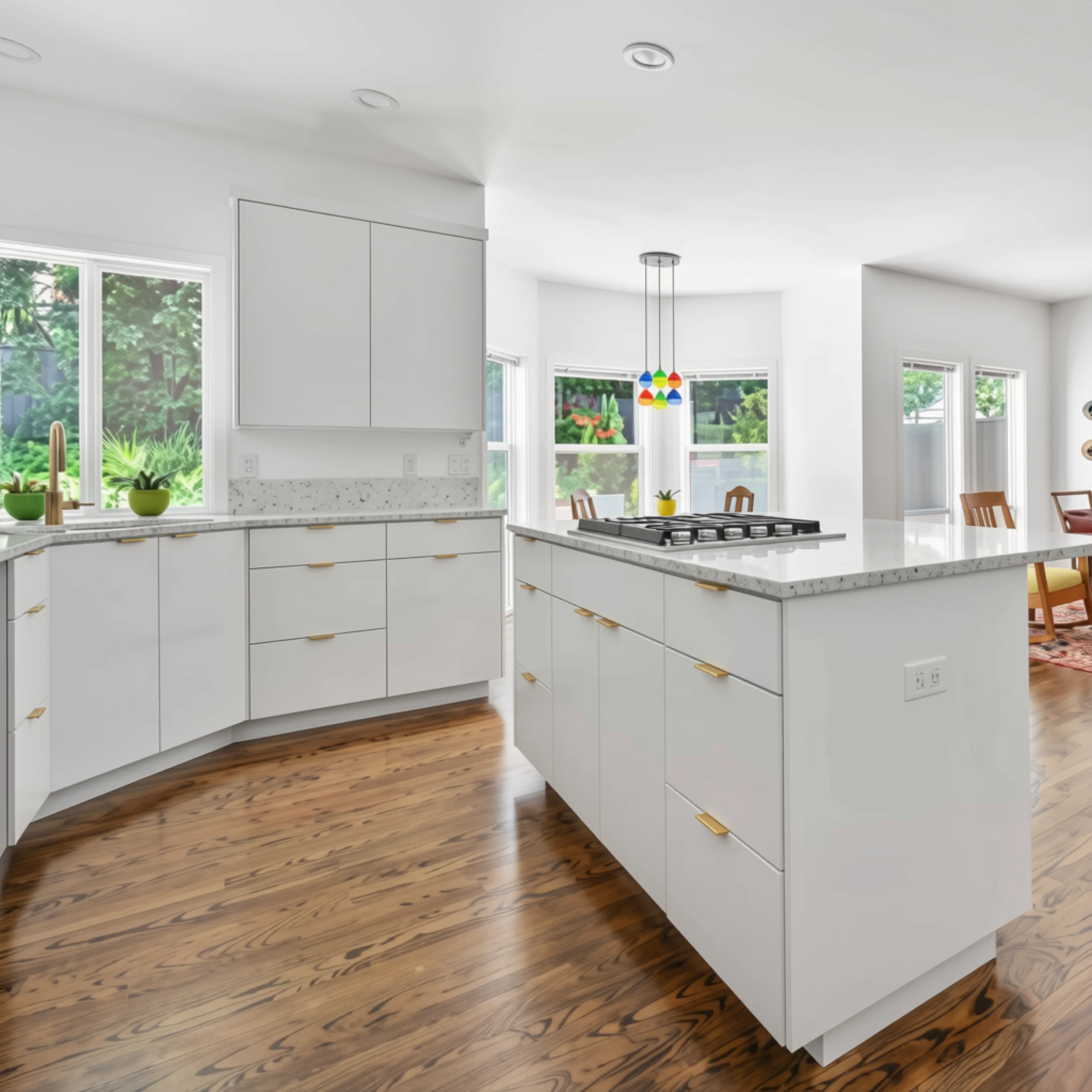 Completed modern white kitchen with clean-lined cabinetry and a central island
