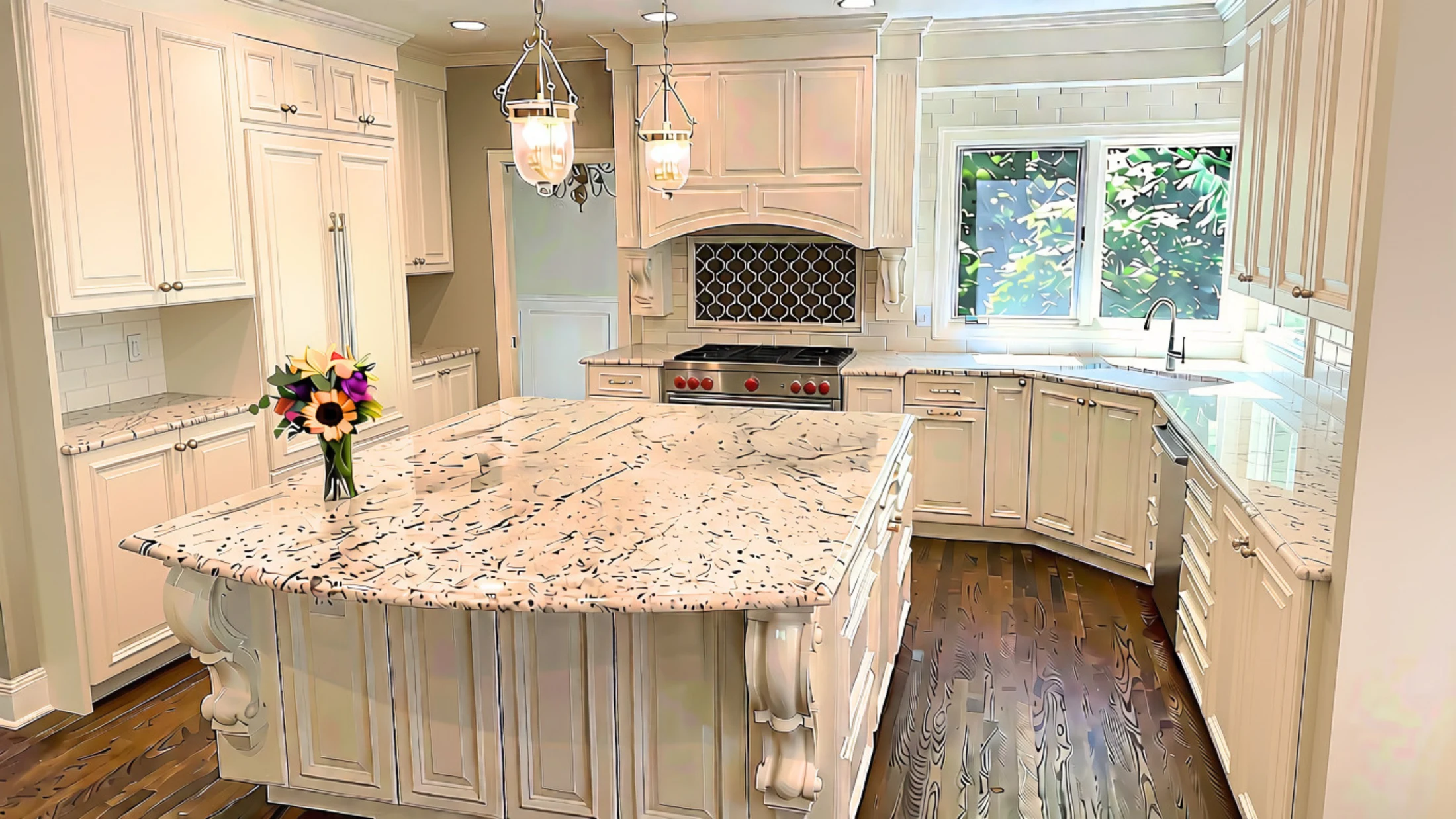 Completed traditional white custom kitchen with finished appliances, detailed cabinetry, and a large island