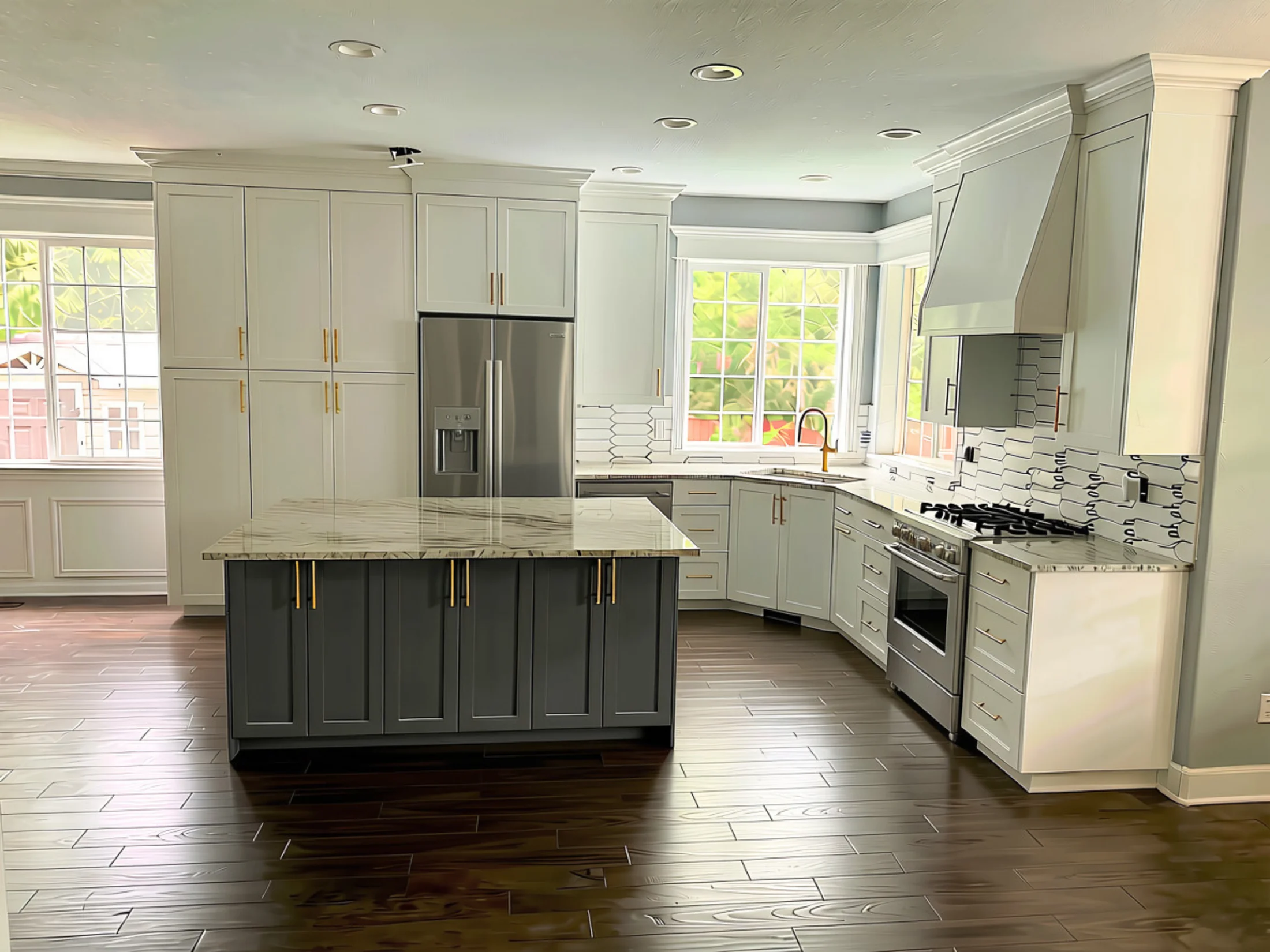 Completed white custom kitchen with a contrasting island and full-height cabinetry